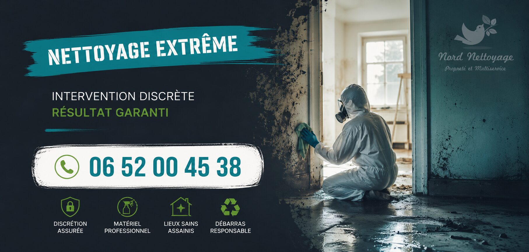 Équipe spécialisée en nettoyage extrême à Saint-Félix intervenant dans un logement insalubre avec matériel professionnel et désinfection complète.