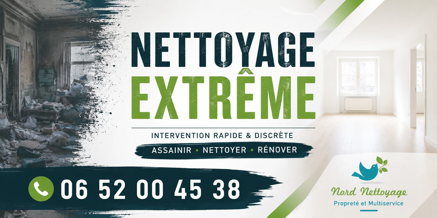 Visuel promotionnel de nettoyage extrême à Saint-Geoire-en-Valdaine avec numéro de téléphone et intervention rapide pour logements insalubres, syndrome de Diogène et remise en état.