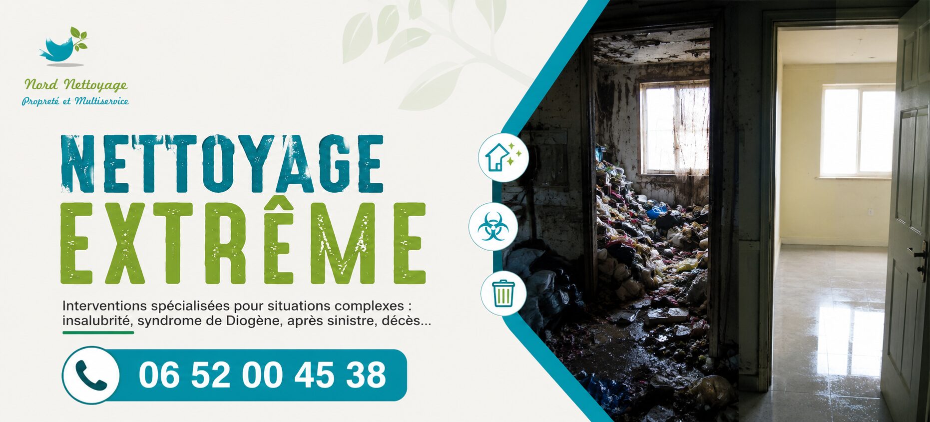 Équipe réalisant un nettoyage extrême dans une habitation à Saint-Georges-de-Reneins après une situation d'insalubrité.