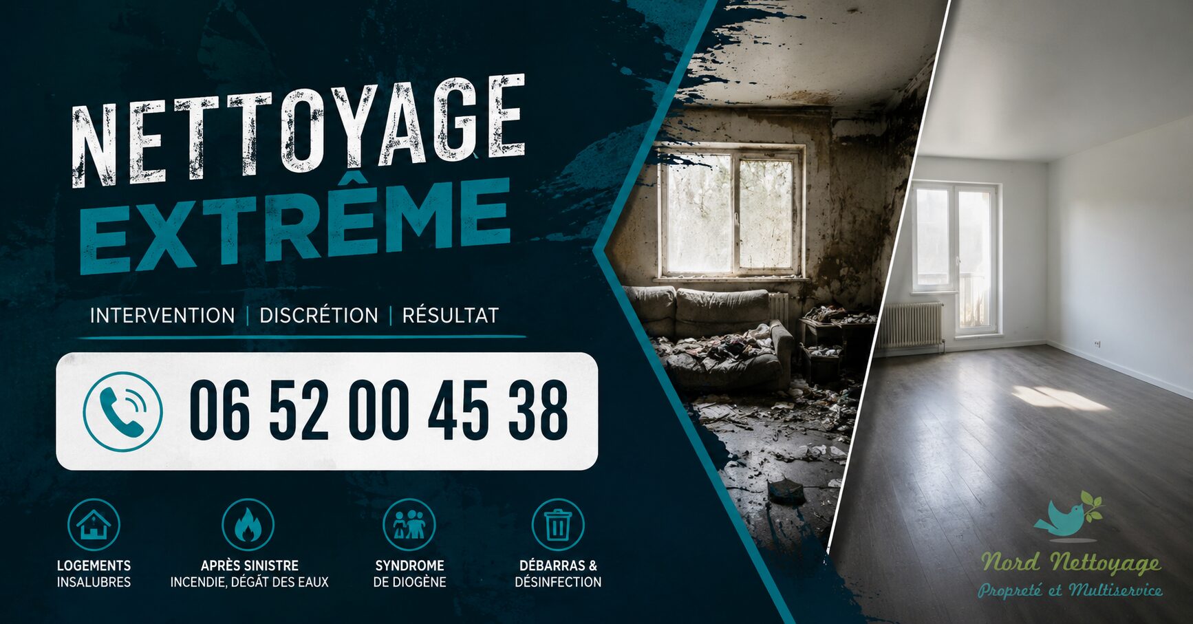 Illustration horizontale du service de nettoyage extrême à Saint-Jean-de-Moirans avec numéro de téléphone, spécialisée dans le nettoyage après sinistre, syndrome de Diogène et logements insalubres.