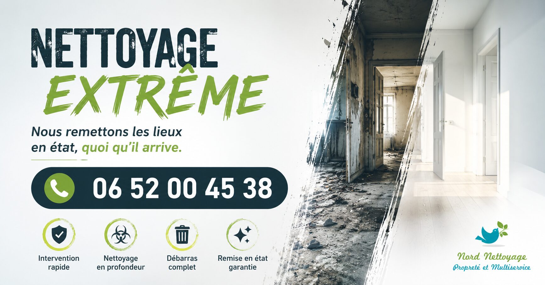 Avant et après une intervention de nettoyage extrême à Saint-Laurent-d'Agny avec désencombrement, assainissement et remise en état d'un logement insalubre.