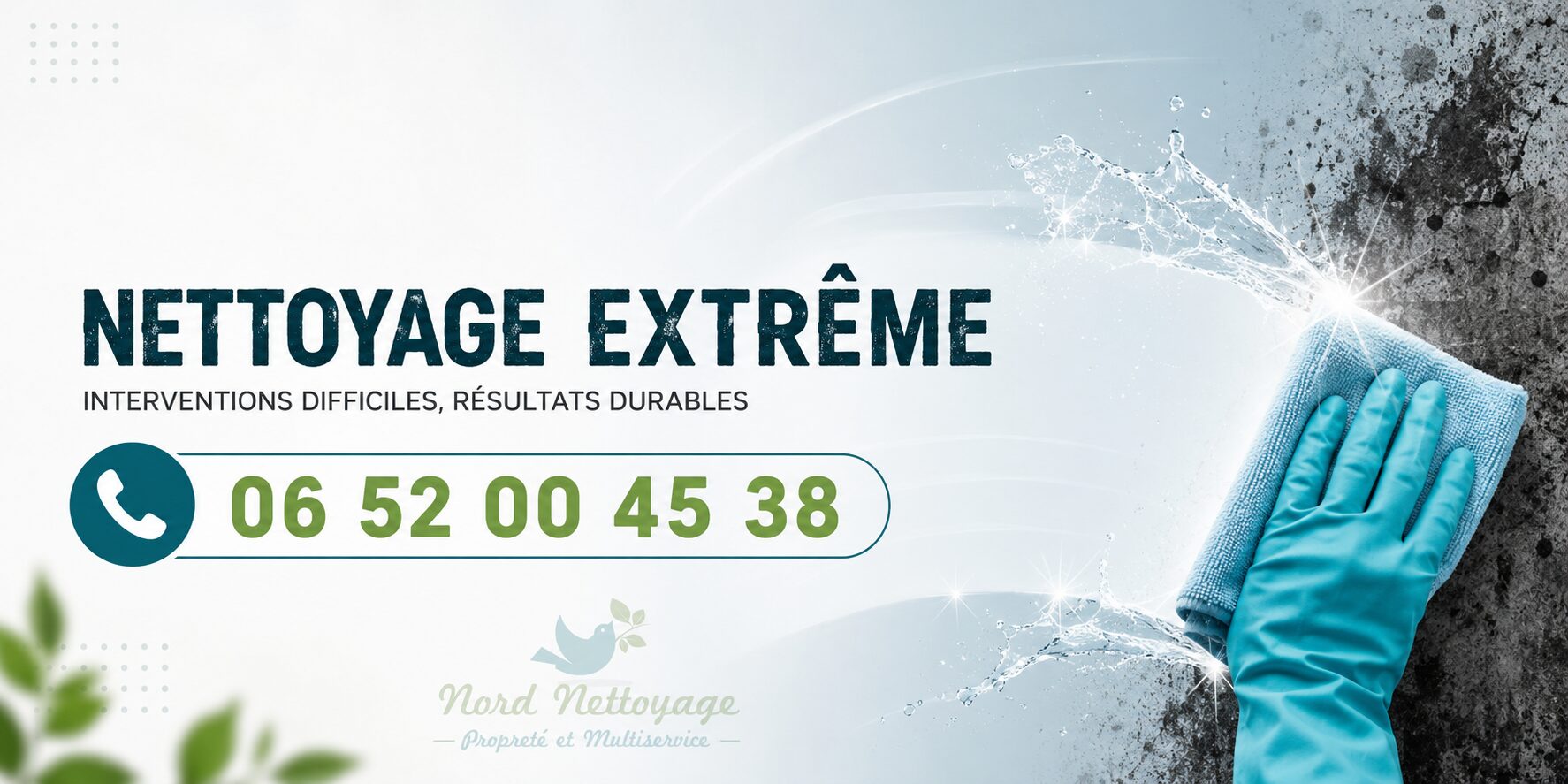 Visuel promotionnel de nettoyage extrême à Saint-Pal-de-Mons avec numéro de téléphone 06 52 00 45 38 et logo Nord Nettoyage en filigrane.