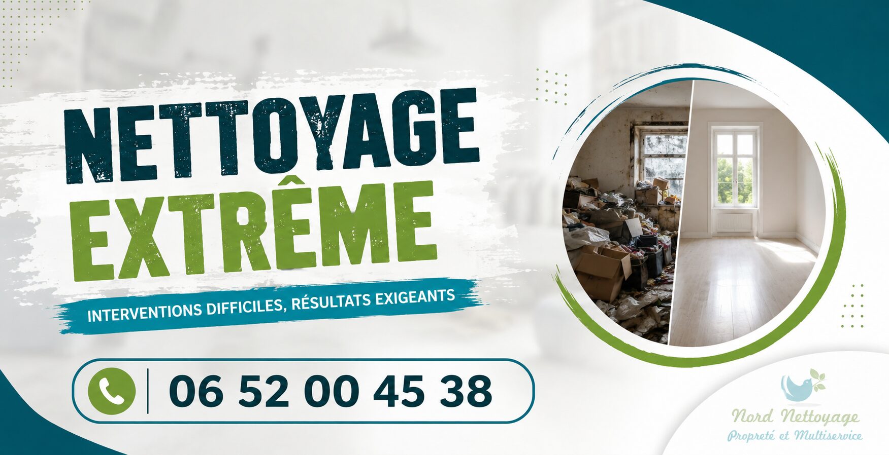 Illustration du nettoyage extrême à Tence avec intervention professionnelle, avant/après et numéro de téléphone de Nord Nettoyage.
