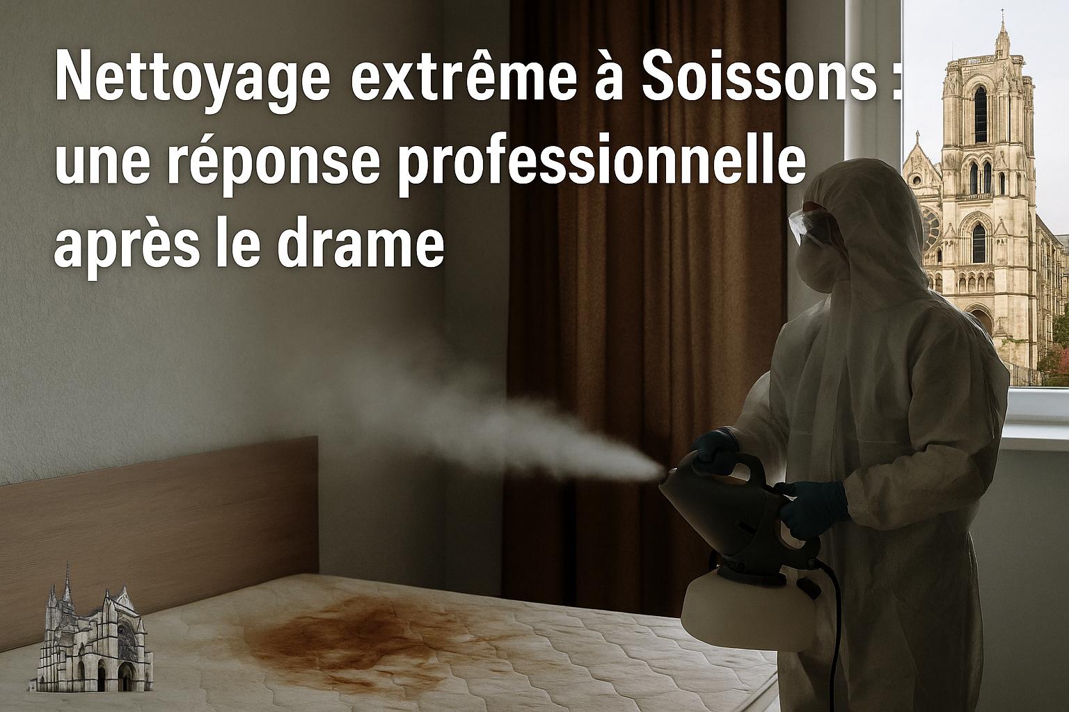 Technicien de NORD NETTOYAGE effectuant une désinfection extrême après un décès dans une chambre à Soissons, avec matelas taché visible
