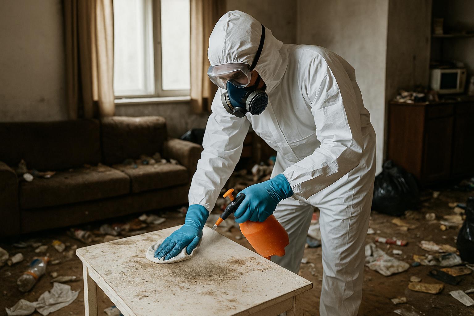 Technicien NORD NETTOYAGE en combinaison intégrale désinfectant un salon insalubre à Sotteville-lès-Rouen