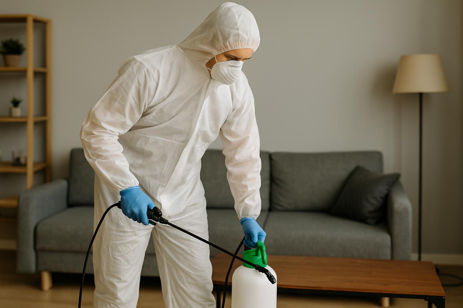 Agent NORD NETTOYAGE désinfectant une table basse dans un salon à Alençon après un décès