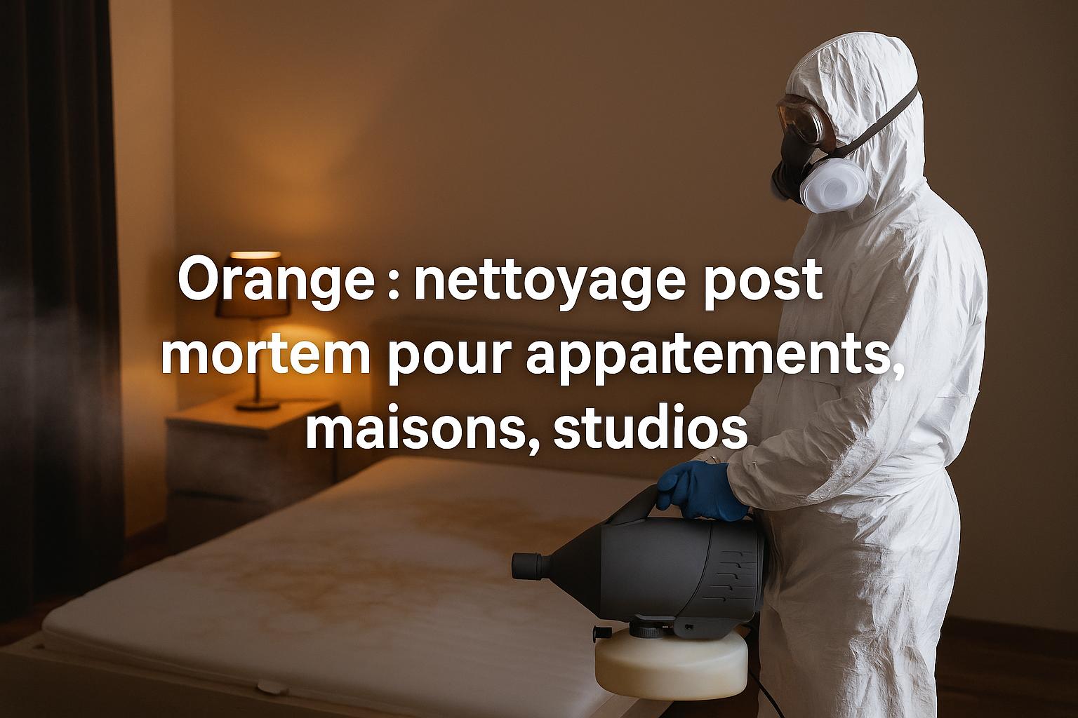 Technicien effectuant un nettoyage post mortem à Orange dans un studio avec matelas taché, traitement désinfectant en cours