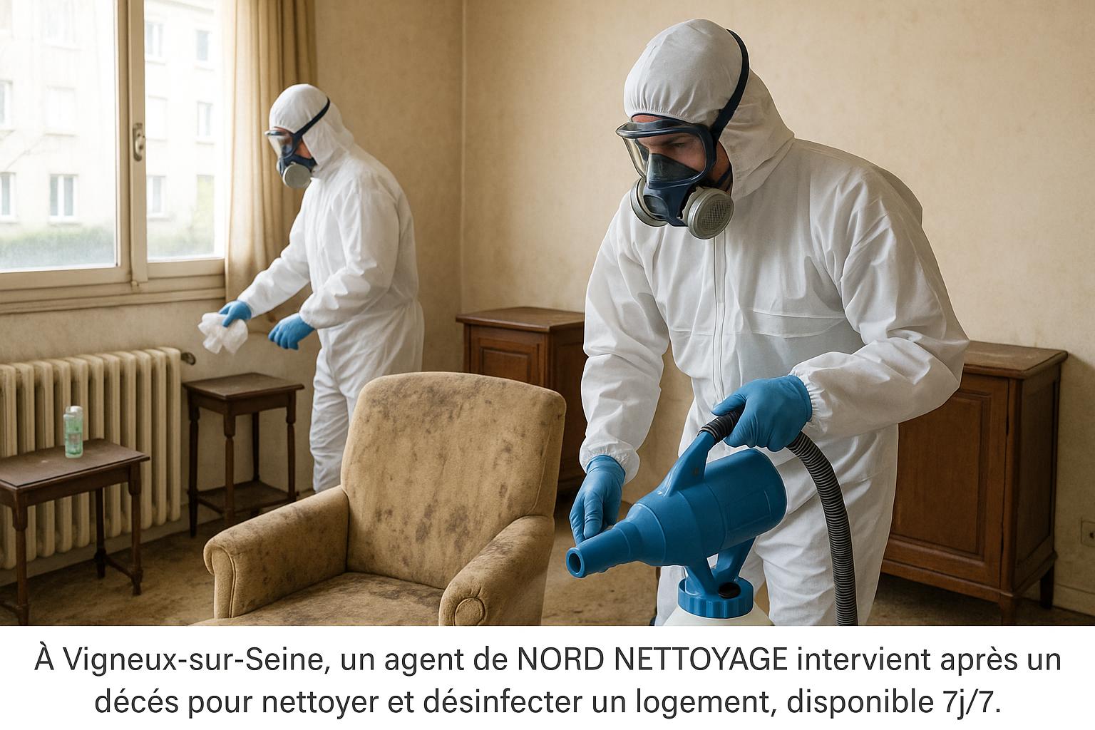 Techniciens NORD NETTOYAGE nettoyant un appartement après un décès à Vigneux-sur-Seine, vêtus d’équipements de protection