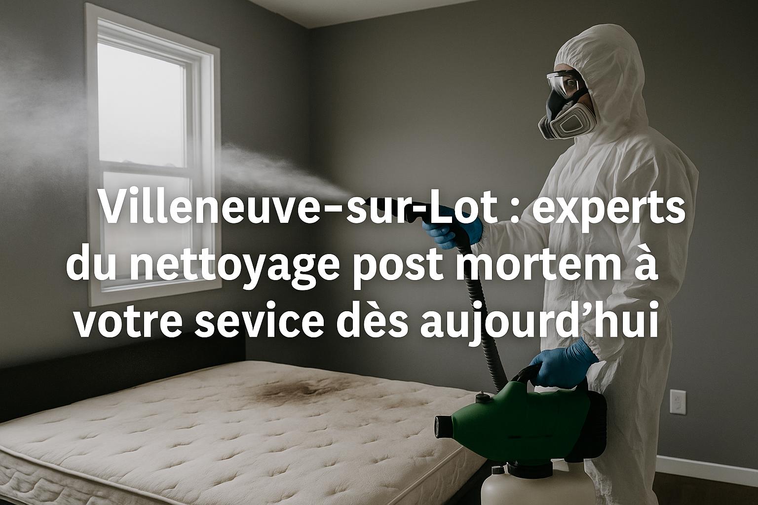 Nettoyage post mortem à Villeneuve-sur-Lot par NORD NETTOYAGE – technicien désinfectant une chambre avec matelas taché visible