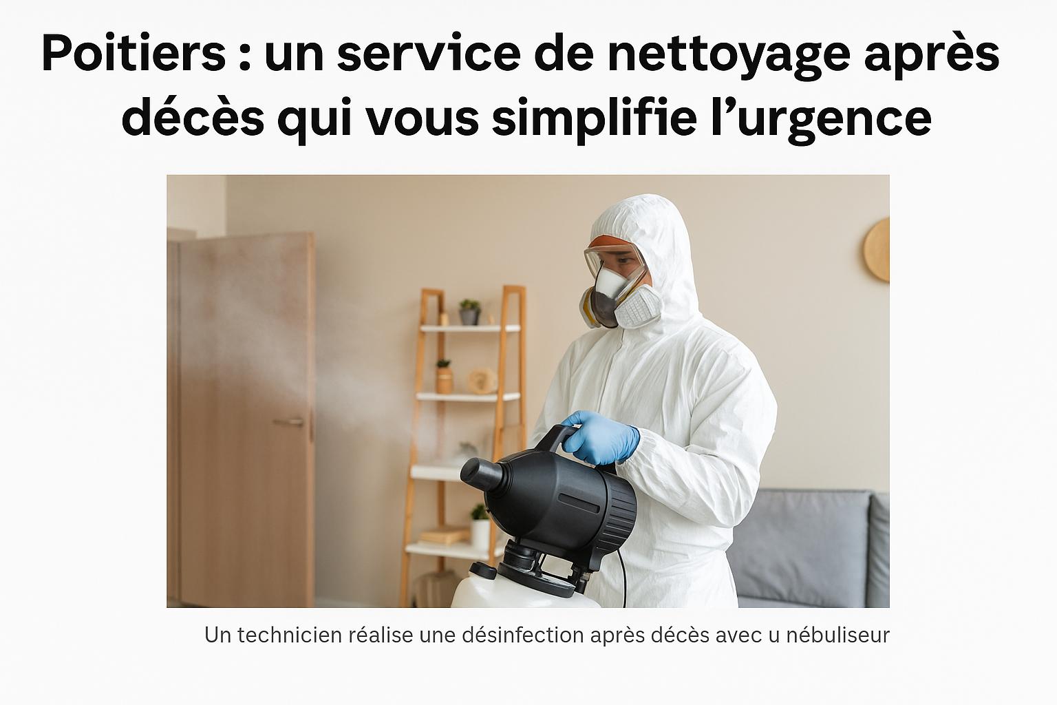 Technicien en combinaison réalisant une nébulisation après décès dans un appartement à Poitiers
