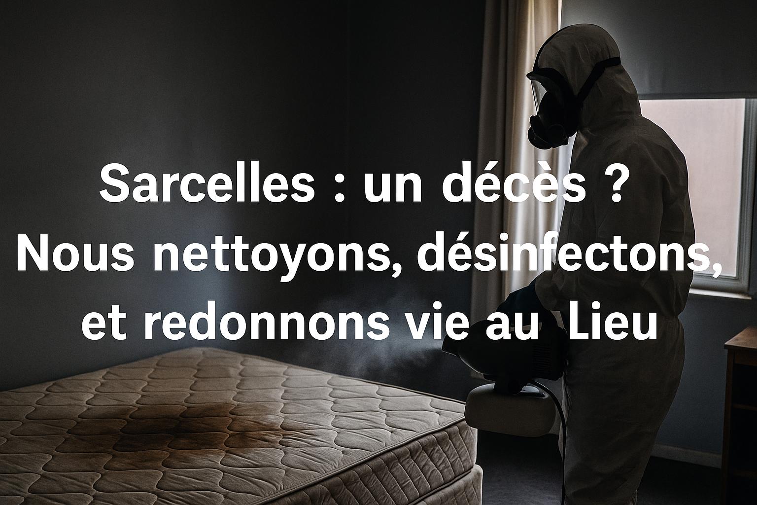 Technicien en combinaison désinfectant un logement à Sarcelles après un décès, avec matelas taché visible et titre intégré dans l’image