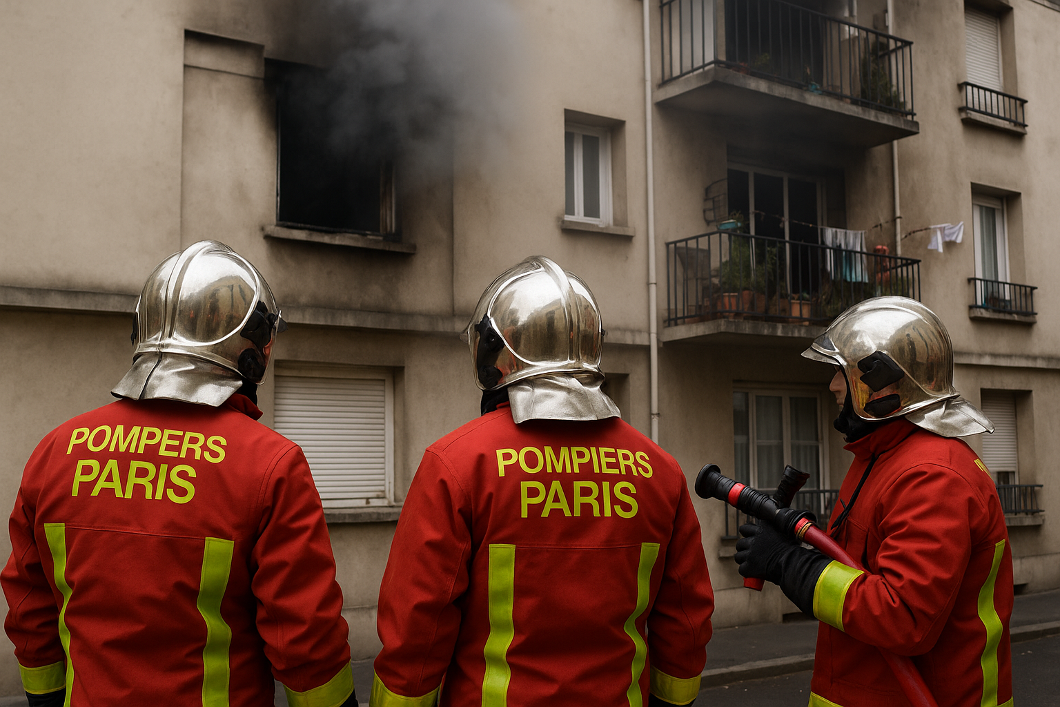 Pompiers de Paris en intervention devant un immeuble en feu