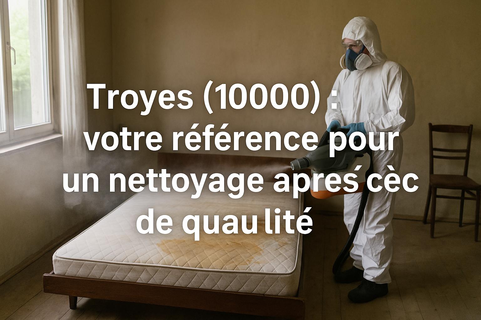 Technicien en désinfection intervenant dans une chambre à Troyes après un décès, avec un matelas taché et le titre de l’article inscrit au centre de l’image