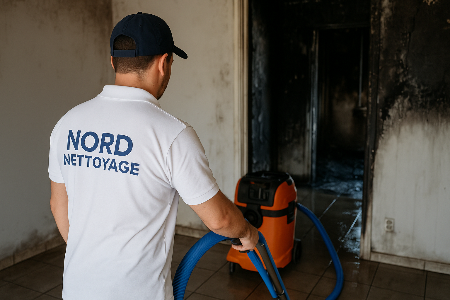 Agent de NORD NETTOYAGE nettoyant un logement après sinistre à Amiens