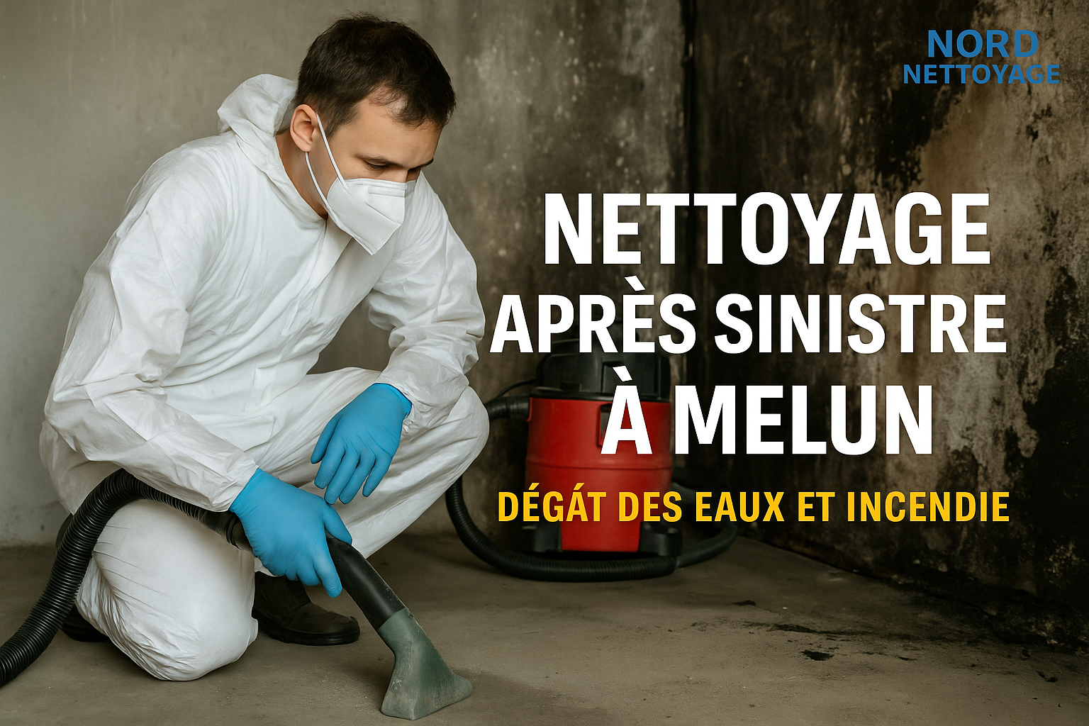 Agent de nettoyage en combinaison blanche utilisant un aspirateur après un sinistre à Melun dans une pièce endommagée par le feu