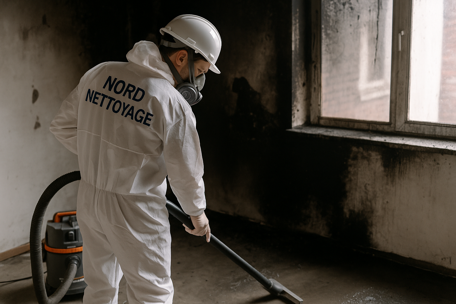 Technicien NORD NETTOYAGE intervenant après un incendie à Reims