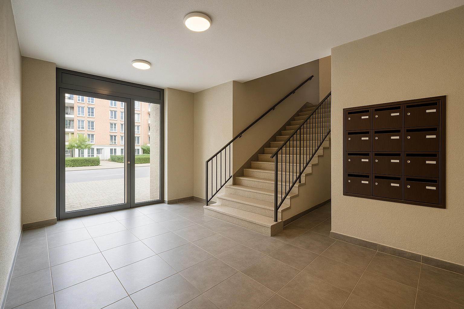 Hall d’immeuble propre à Lille avec boîtes aux lettres et escalier nettoyé