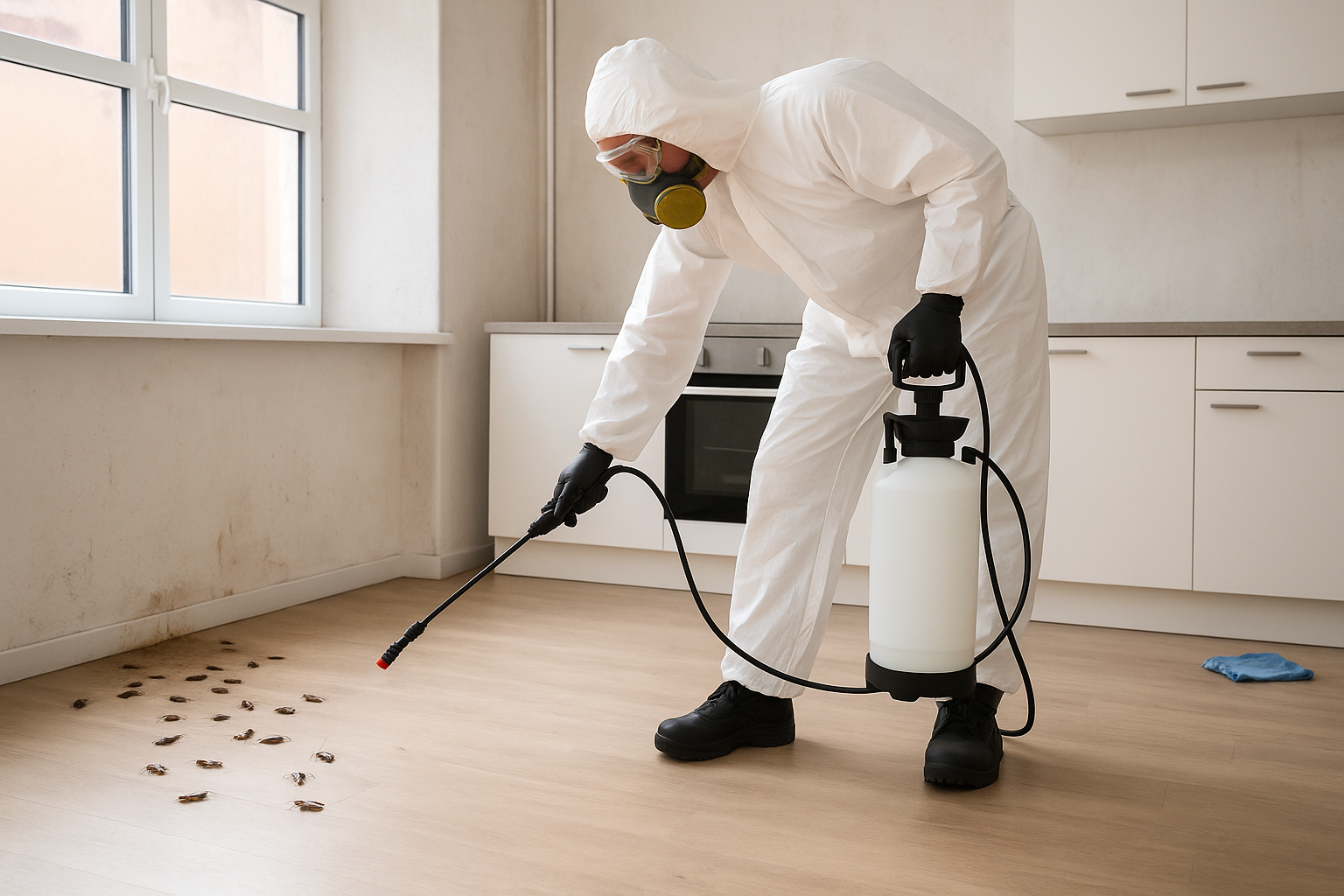 Nettoyage professionnel d’un logement après une infestation de cafards, réalisé par un technicien en combinaison de protection.