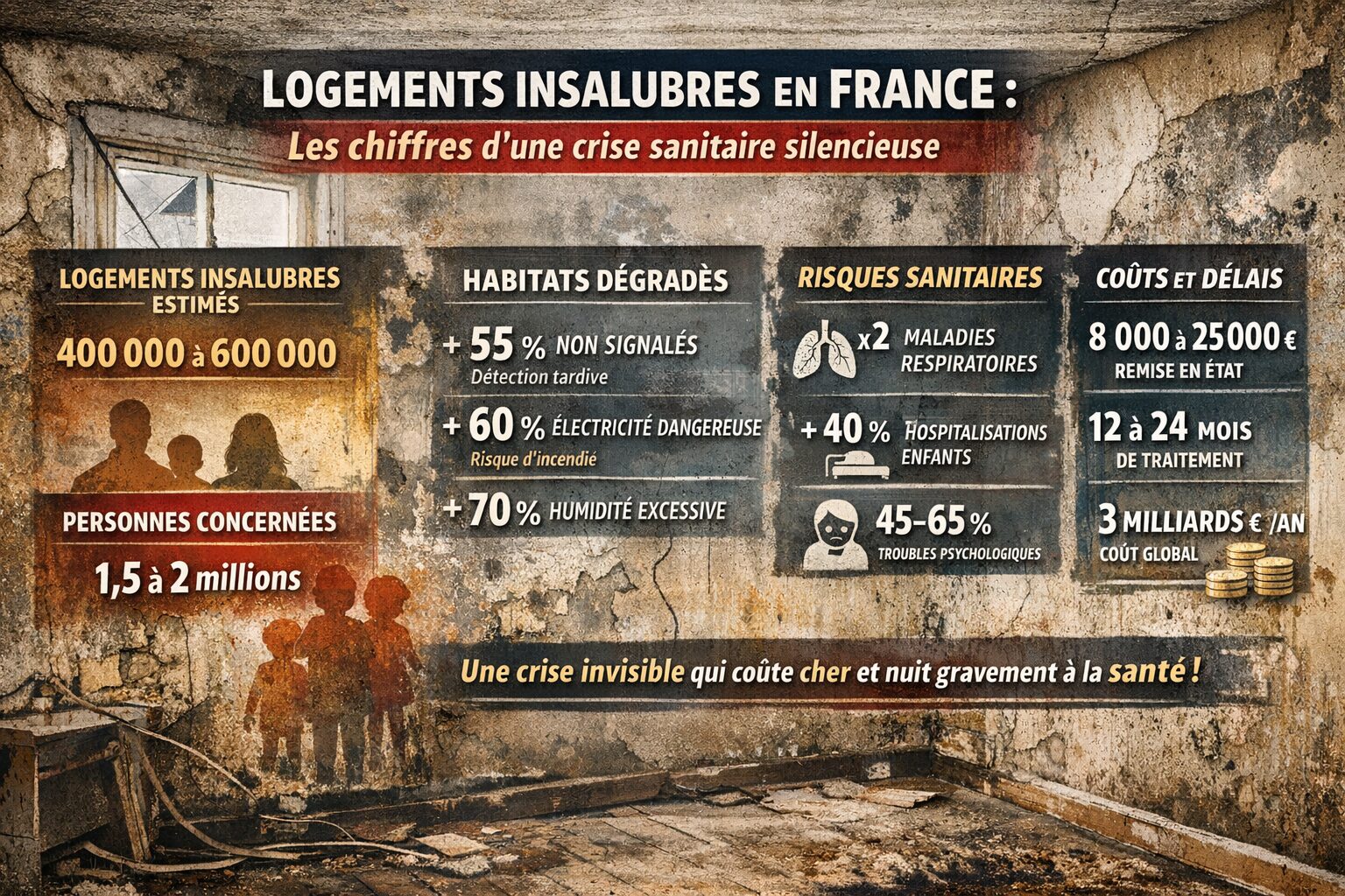 Infographie horizontale présentant les chiffres clés des logements insalubres en France, avec données sur le nombre de logements concernés, les risques sanitaires, les impacts humains et les coûts économiques.