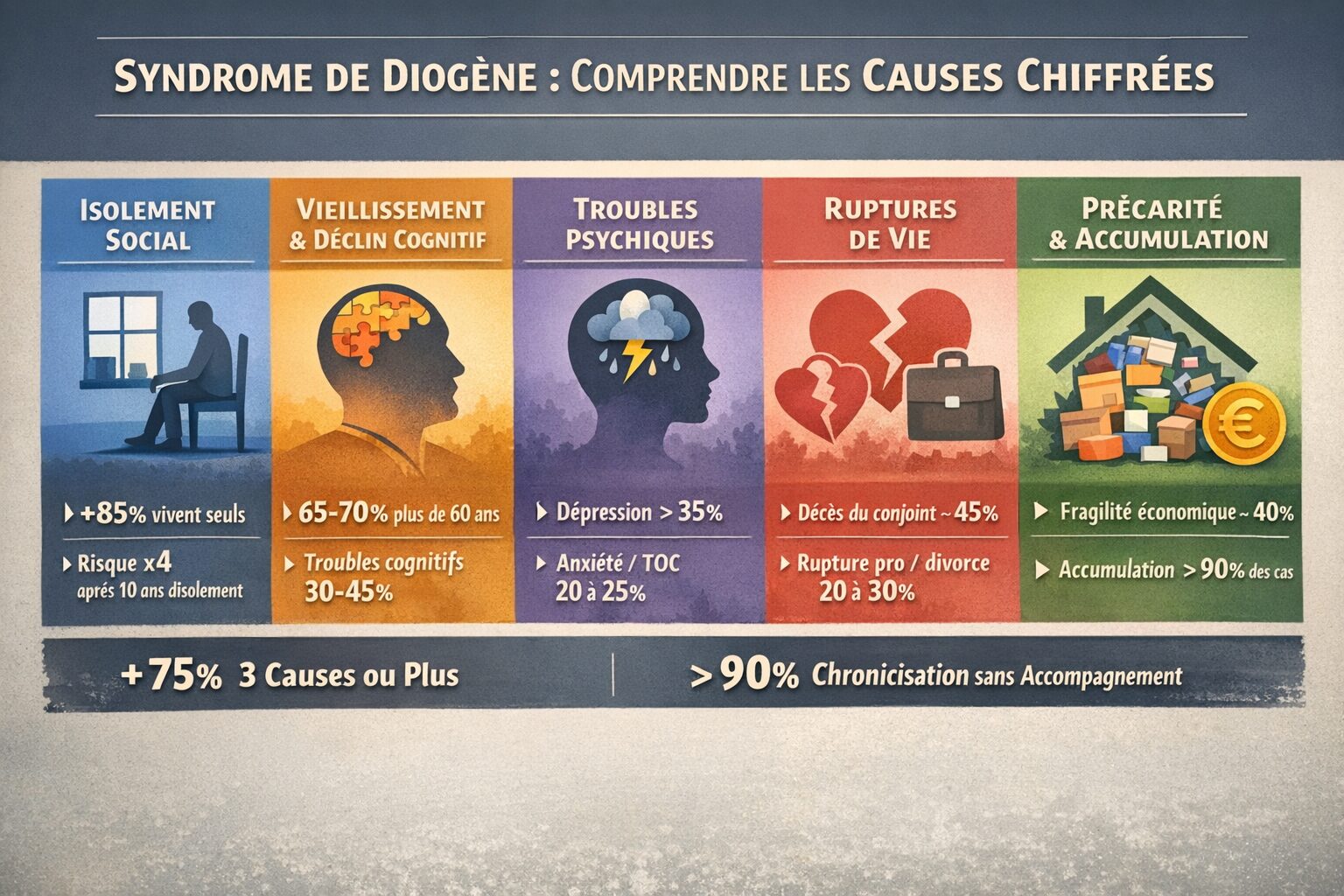 Infographie horizontale présentant les principales causes du syndrome de Diogène à travers des chiffres clés, incluant l’isolement social, le vieillissement, les troubles psychiques, les ruptures de vie et la précarité.