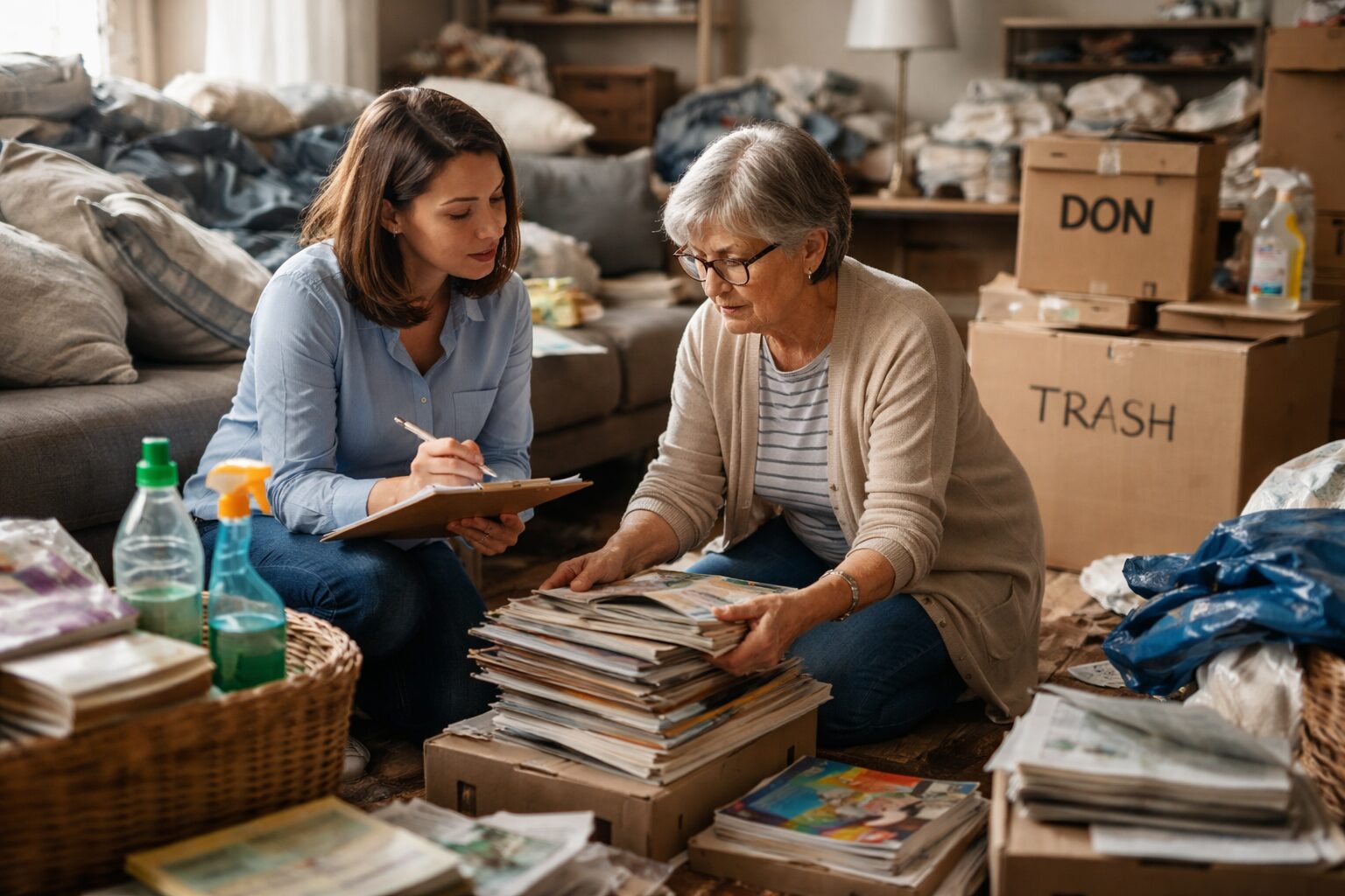 Une thérapeute aide une femme âgée à trier des magazines dans un salon très encombré, avec des cartons « DON » et « TRASH ».