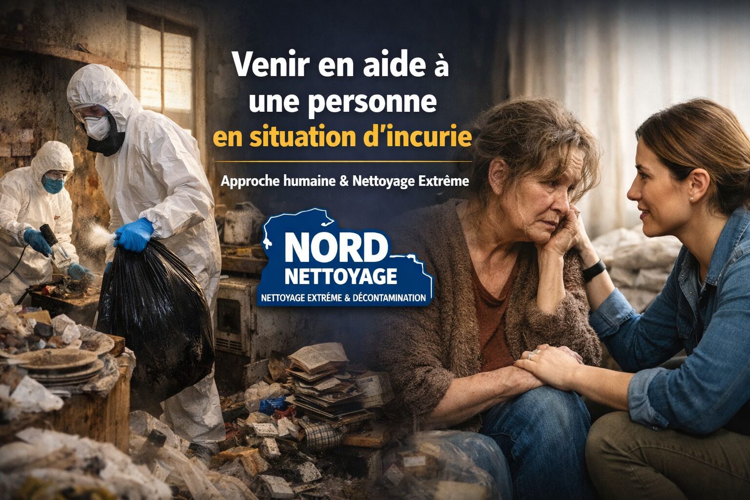 Intervention de nettoyage extrême auprès d’une personne en situation d’incurie, avec une approche humaine, respectueuse et professionnelle par NORD NETTOYAGE.