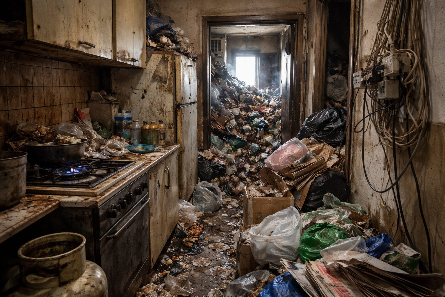 Photo horizontale d’une cuisine extrêmement encombrée, avec flamme de gaz allumée, câbles électriques apparents et passage vers la sortie partiellement bloqué par des déchets.