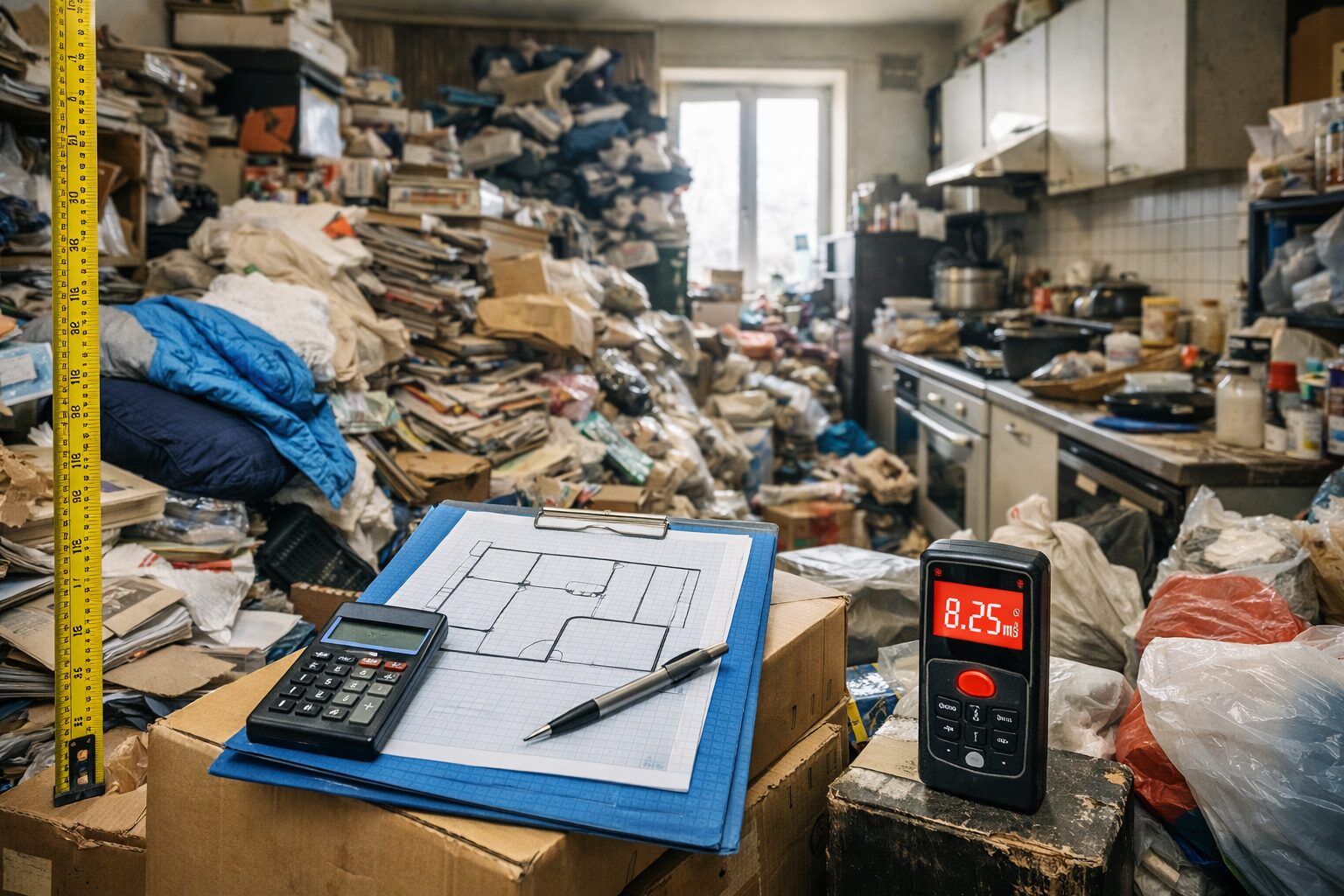 Scène d’un appartement très encombré avec un plan sur clipboard, une calculatrice et un télémètre affichant 8,25 m³ pour estimer le volume à évacuer avant débarras.