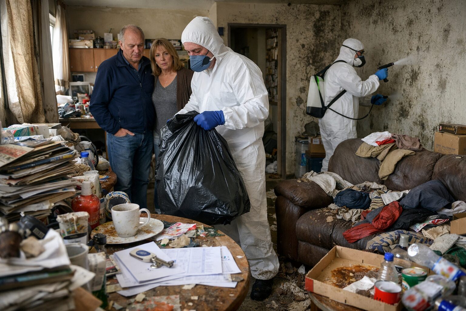 Intervention de nettoyage extrême dans un appartement encombré, avec équipes en combinaison de protection, évacuation de déchets et désinfection des murs