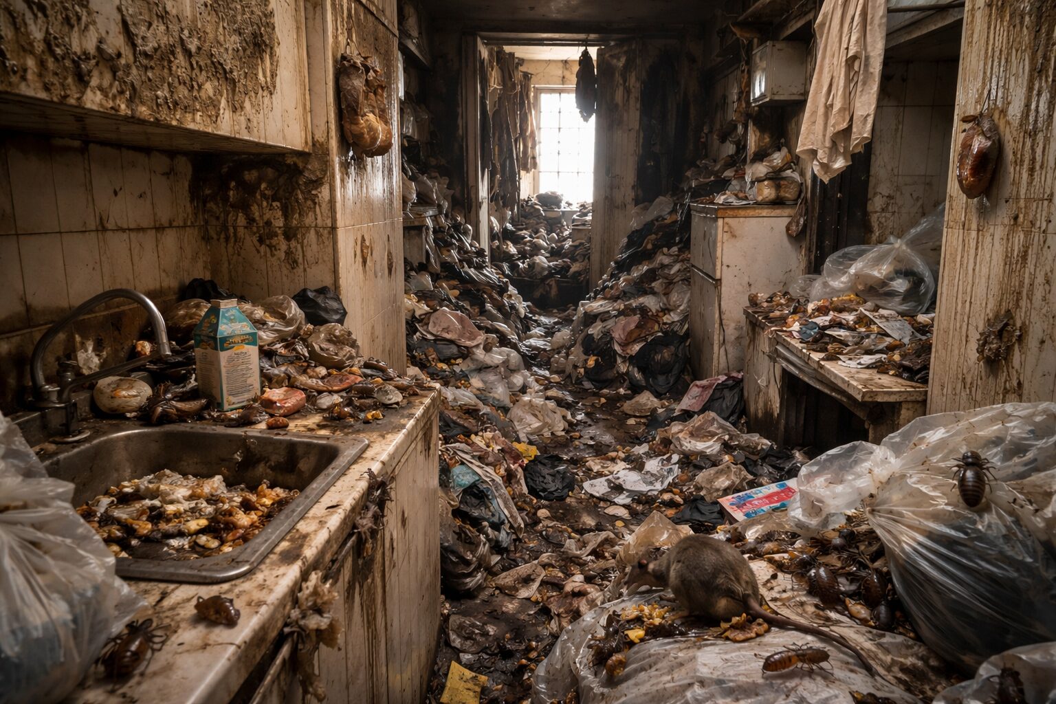 Intérieur d’un logement Diogène très encombré, avec déchets au sol, vaisselle sale, présence de nuisibles et traces d’humidité favorisant la contamination.