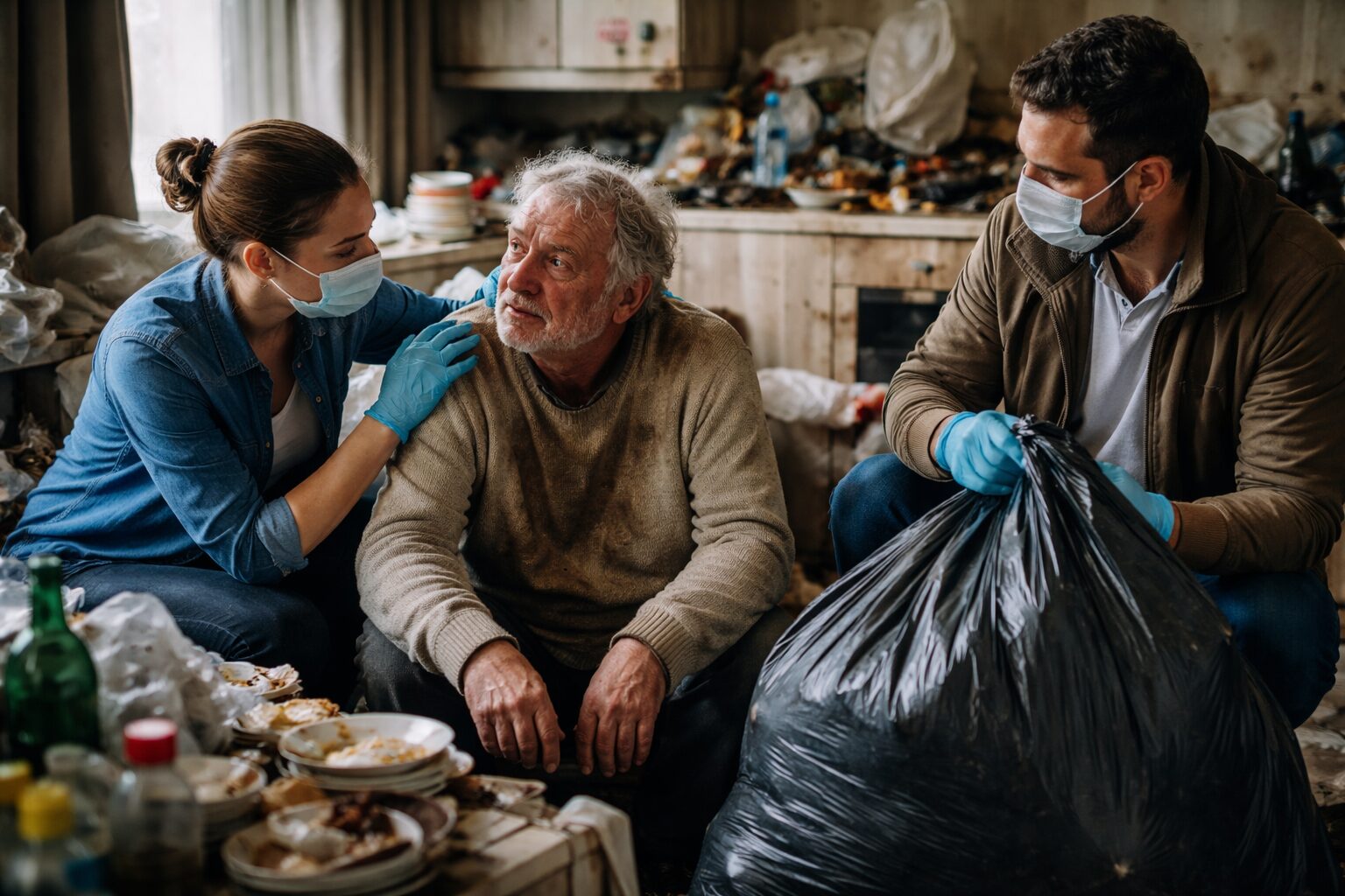 Deux intervenants accompagnent un homme âgé dans un appartement très insalubre rempli de déchets, illustrant une situation de manque d’hygiène extrême et d’aide sociale.