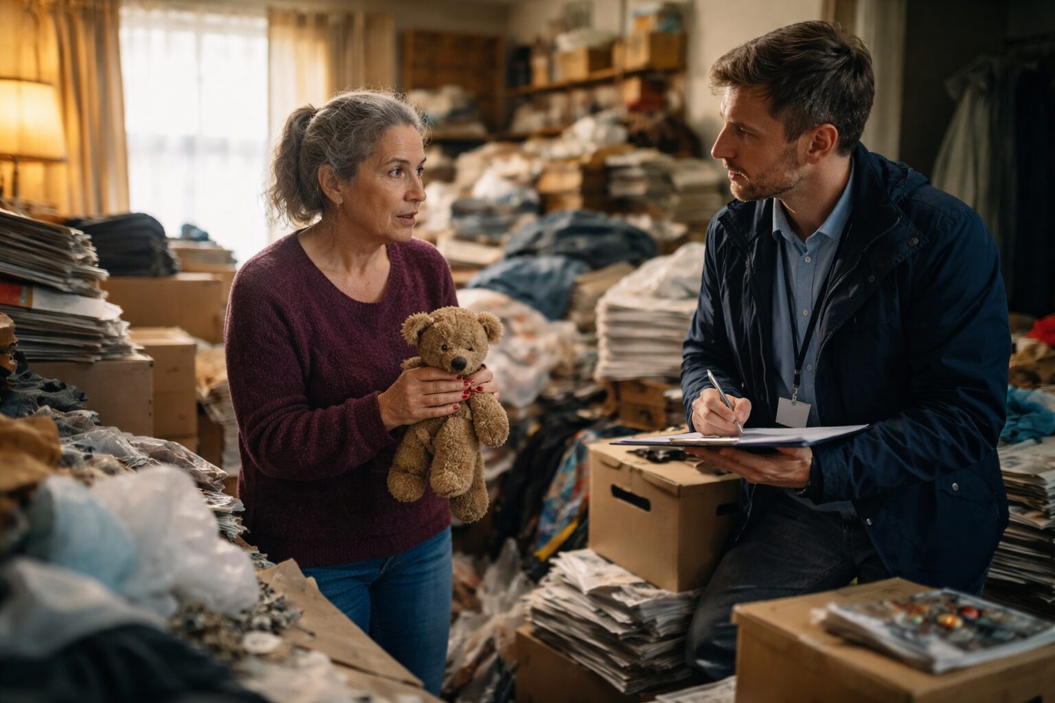 Femme tenant un ours en peluche dans un logement encombré discutant avec un travailleur social prenant des notes