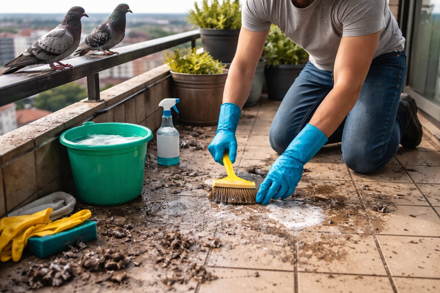 Une personne en gants bleus nettoie un balcon couvert de fientes de pigeon avec une brosse et un seau de nettoyage, tandis que deux pigeons observent.