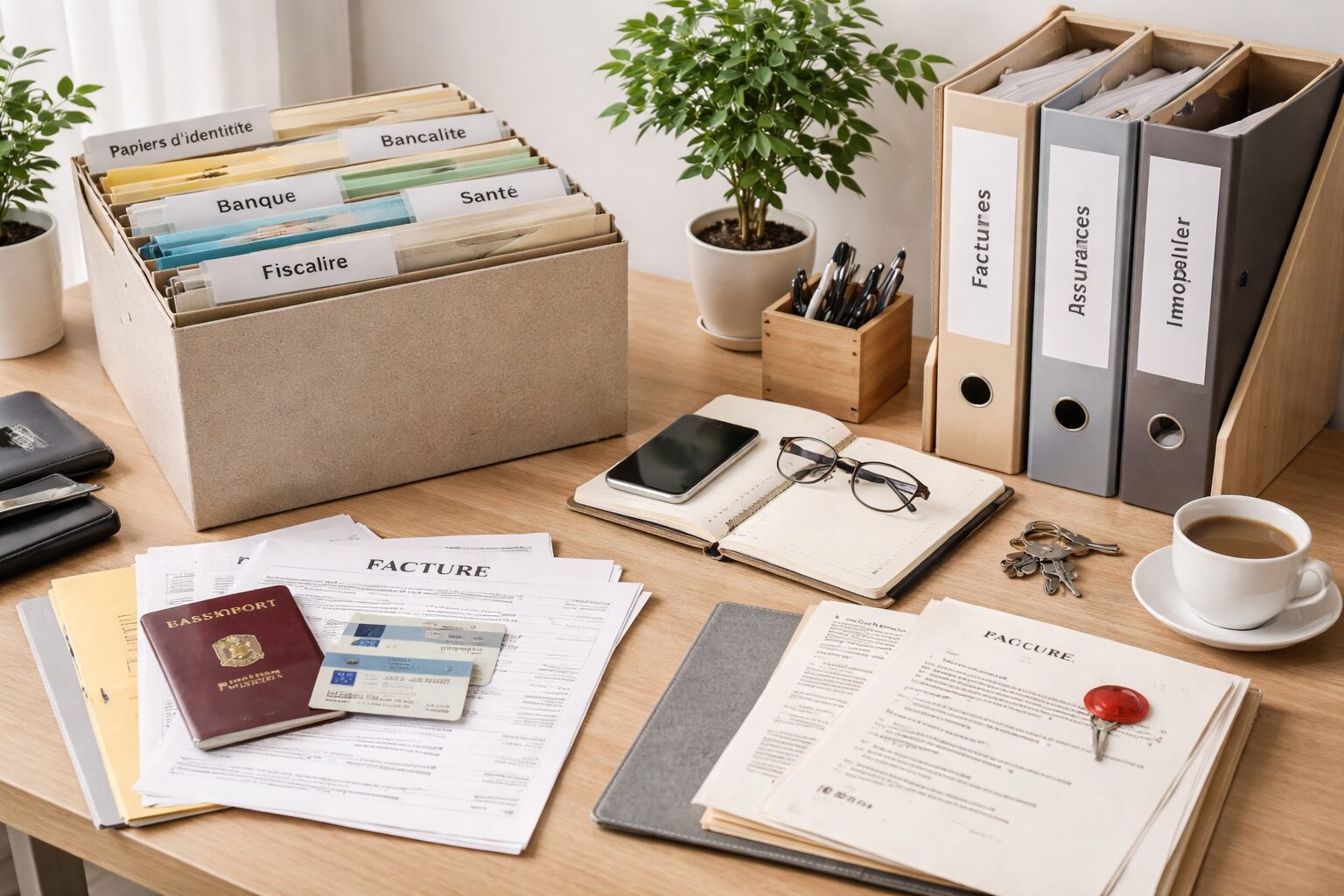 Bureau en bois avec classeurs étiquetés, dossiers de classement, factures posées, passeport et cartes d’identité, carnet et tasse de café