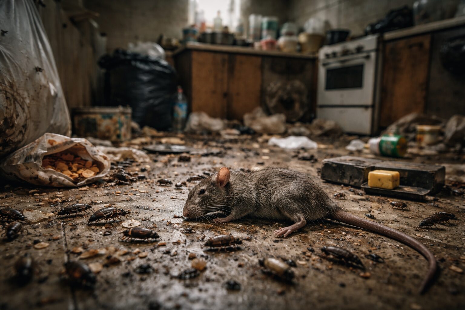 Cuisine très sale avec déchets au sol, présence d’un rat et de nombreux insectes, illustrant une infestation dans un logement insalubre.