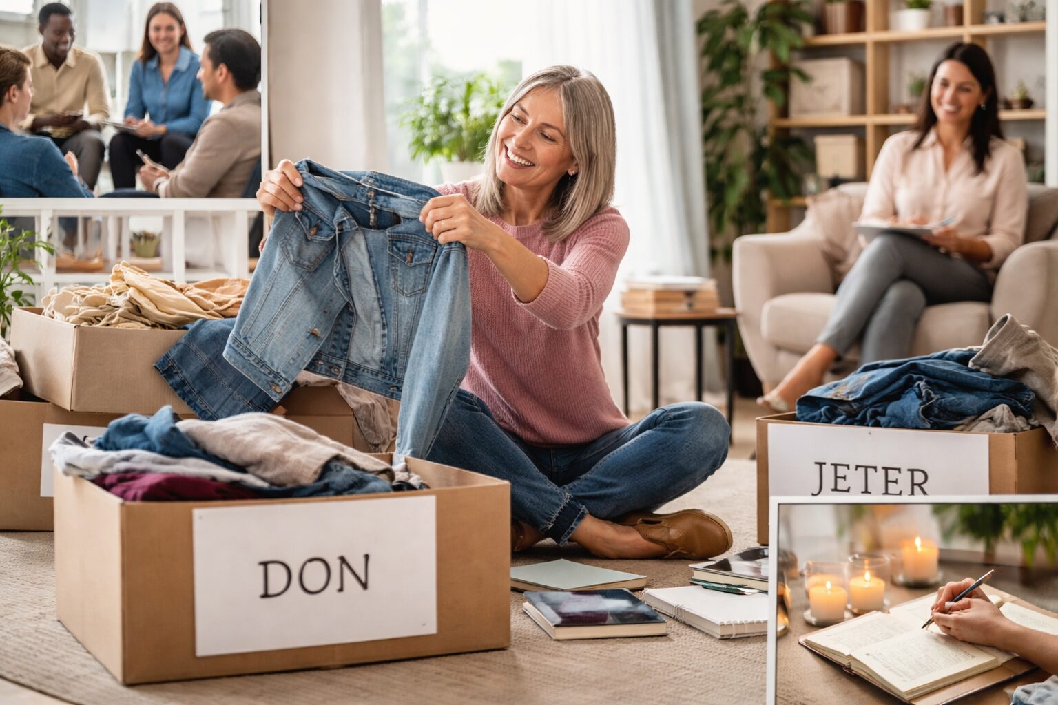 Femme assise au sol dans un salon lumineux, triant des vêtements dans des cartons « DON » et « JETER », tandis qu’une thérapeute et un petit groupe de soutien échangent à l’arrière-plan, et qu’une autre personne écrit dans un carnet de gratitude.