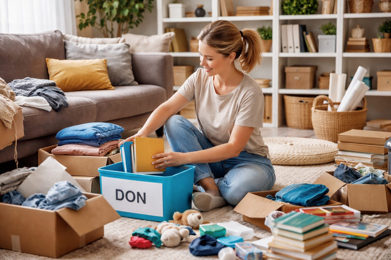 Femme assise au sol dans un salon lumineux, triant des vêtements et des livres dans une boîte “DON” au milieu de cartons.