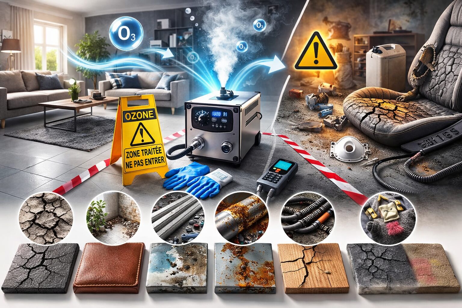 Image horizontale montrant un générateur d’ozone au centre, une pièce propre à gauche et une zone dégradée à droite, illustrant l’efficacité sur les odeurs et les risques pour les matériaux et la santé.