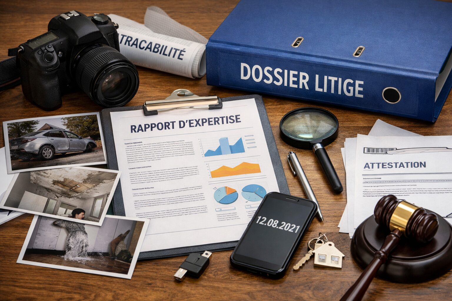 Bureau avec photos de sinistre, rapport d’expertise, classeur “dossier litige”, attestation, loupe et marteau de juge illustrant la constitution d’un dossier de preuves.