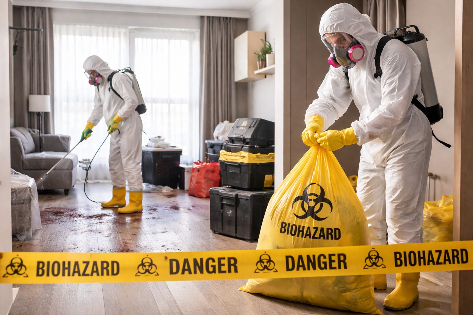 Techniciens en combinaison de protection réalisant une décontamination après décès dans un appartement, avec sac biohazard et ruban de sécurité.