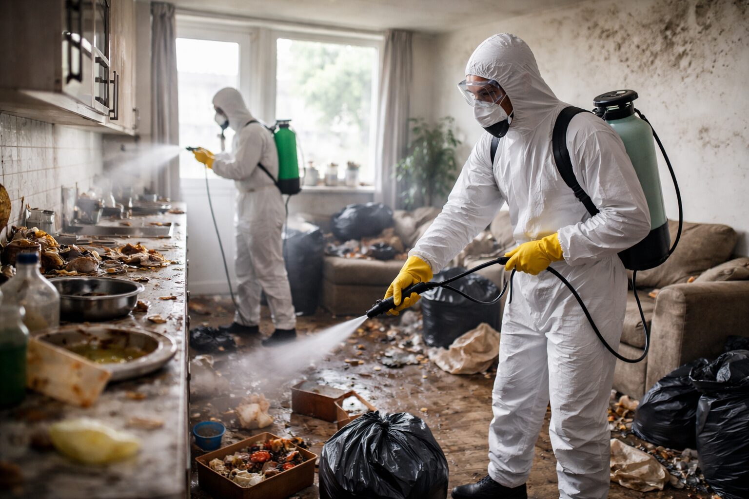 Une équipe de nettoyage professionnel désinfecte un appartement infesté de moisissures et de déchets, portant des équipements de protection.