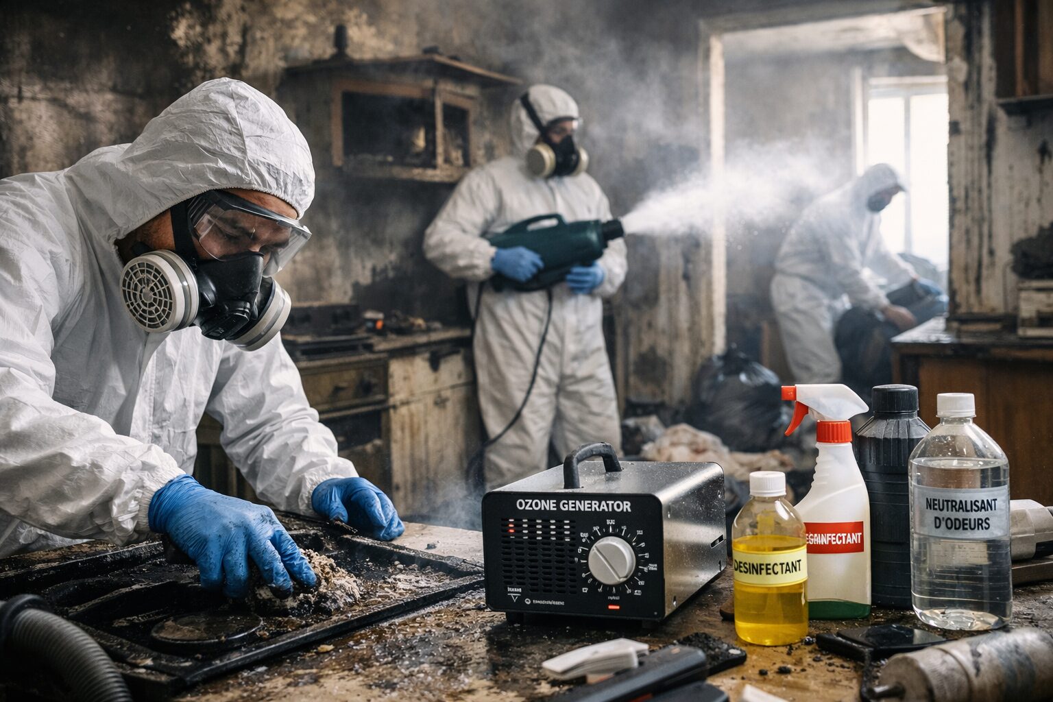 Équipe de nettoyage en combinaison de protection réalisant un dégraissage et une désinfection dans une pièce fortement encrassée, avec générateur d’ozone et produits de neutralisation des odeurs