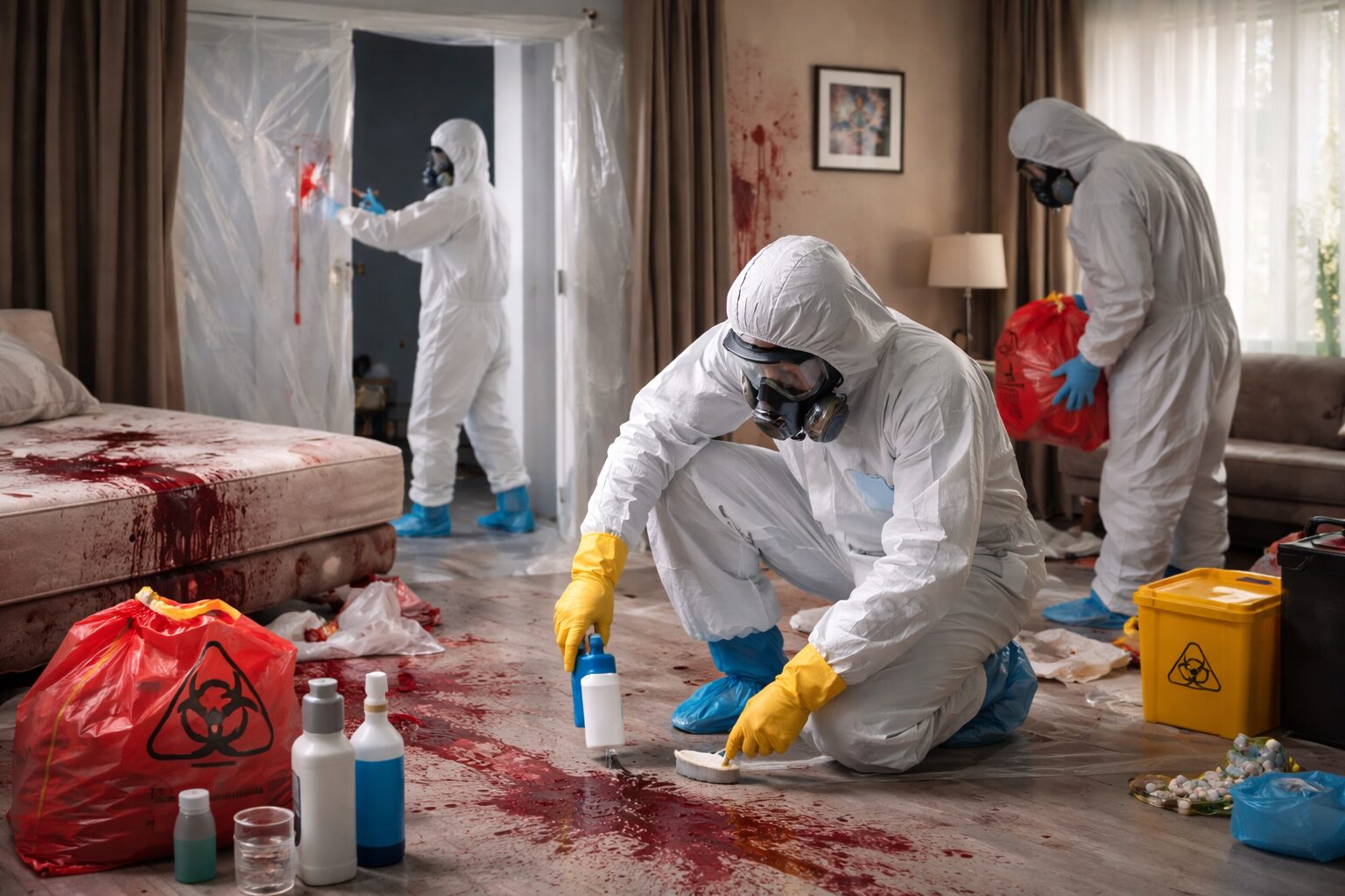 Équipe en combinaison de protection réalisant un nettoyage et une décontamination après décès traumatique dans une chambre, avec zone confinée et déchets conditionnés.