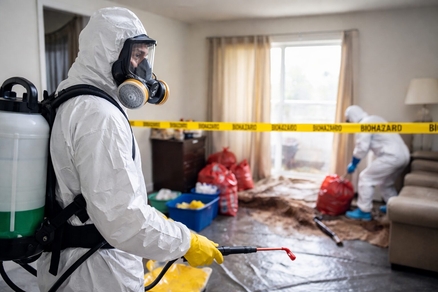 Technicien en combinaison de protection et masque respiratoire réalisant une décontamination biologique dans un salon, avec zone balisée et sacs de déchets sécurisés.
