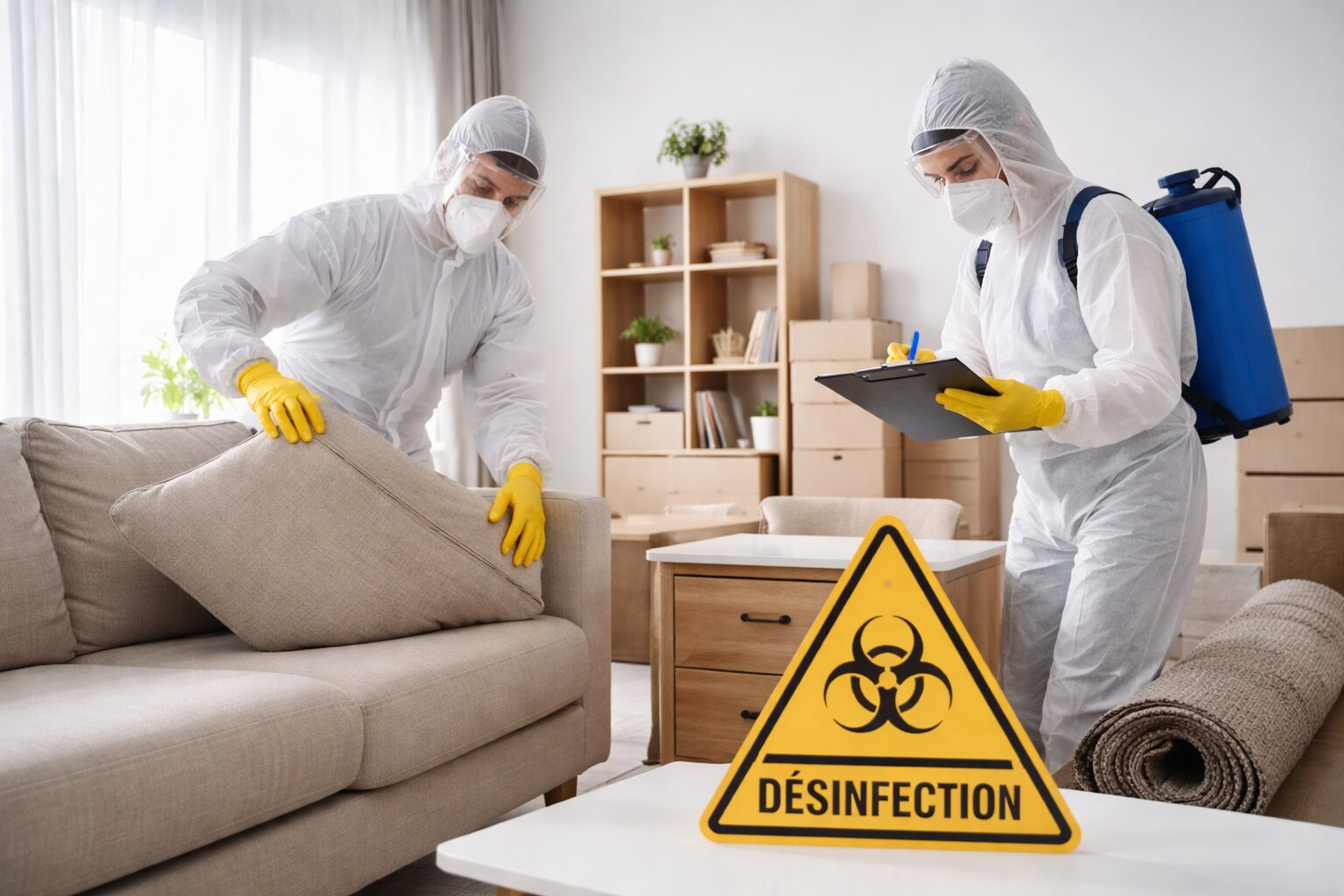 Deux professionnels en combinaison de protection inspectent un canapé et un meuble dans un salon après une opération de désinfection, avec un panneau de signalisation “Désinfection” au premier plan.