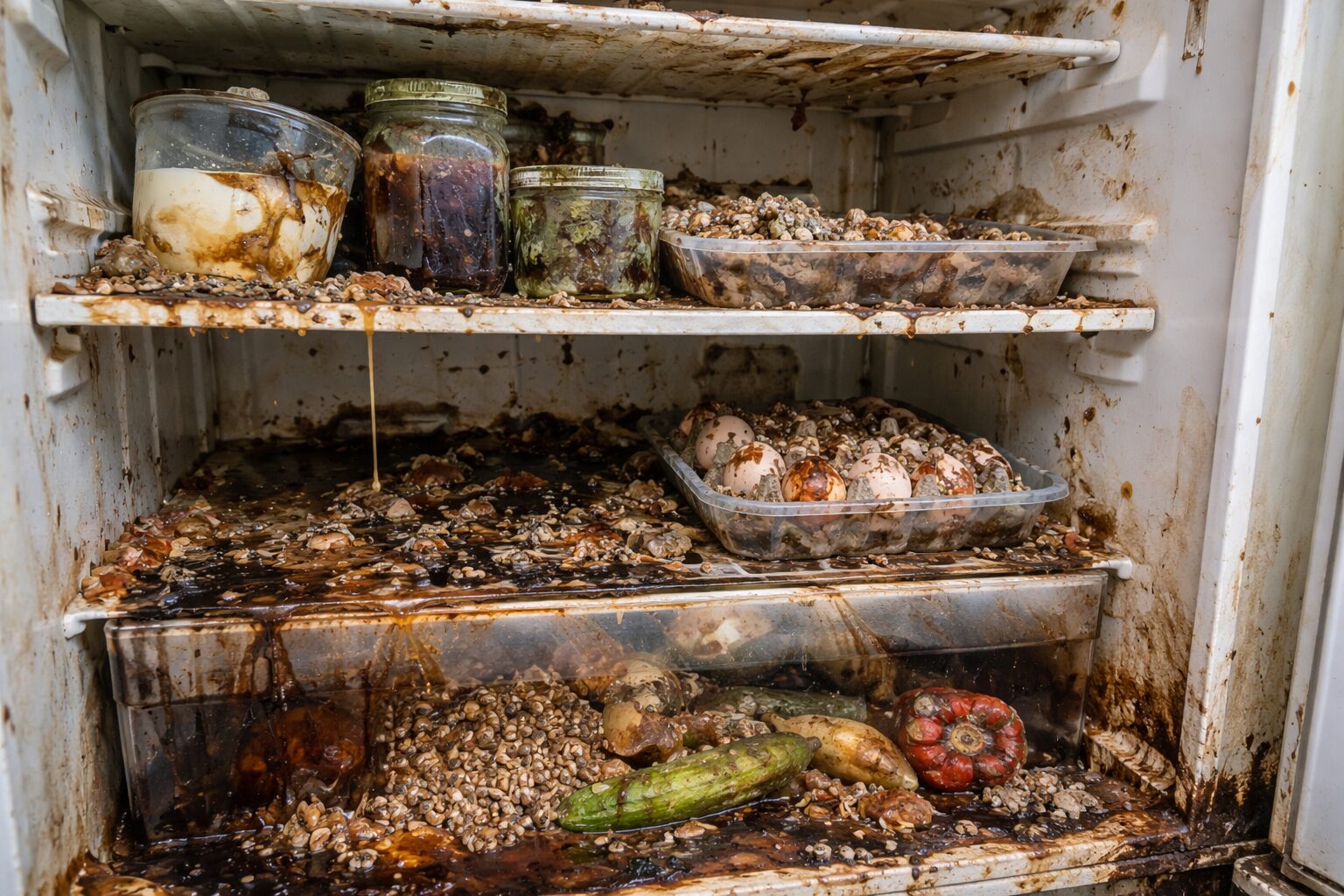 Intérieur d’un réfrigérateur laissé à l’abandon, avec liquides renversés, saletés incrustées et traces de contamination visibles sur les parois