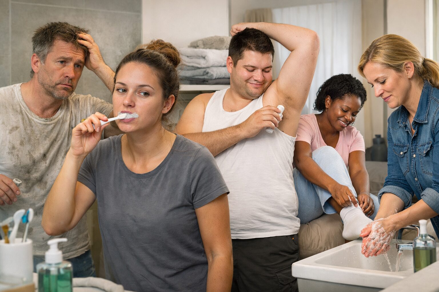 Scène réaliste montrant plusieurs personnes réalisant des gestes d’hygiène (brossage de dents, déodorant, lavage des mains, mise de chaussettes) dans une salle de bain lumineuse.