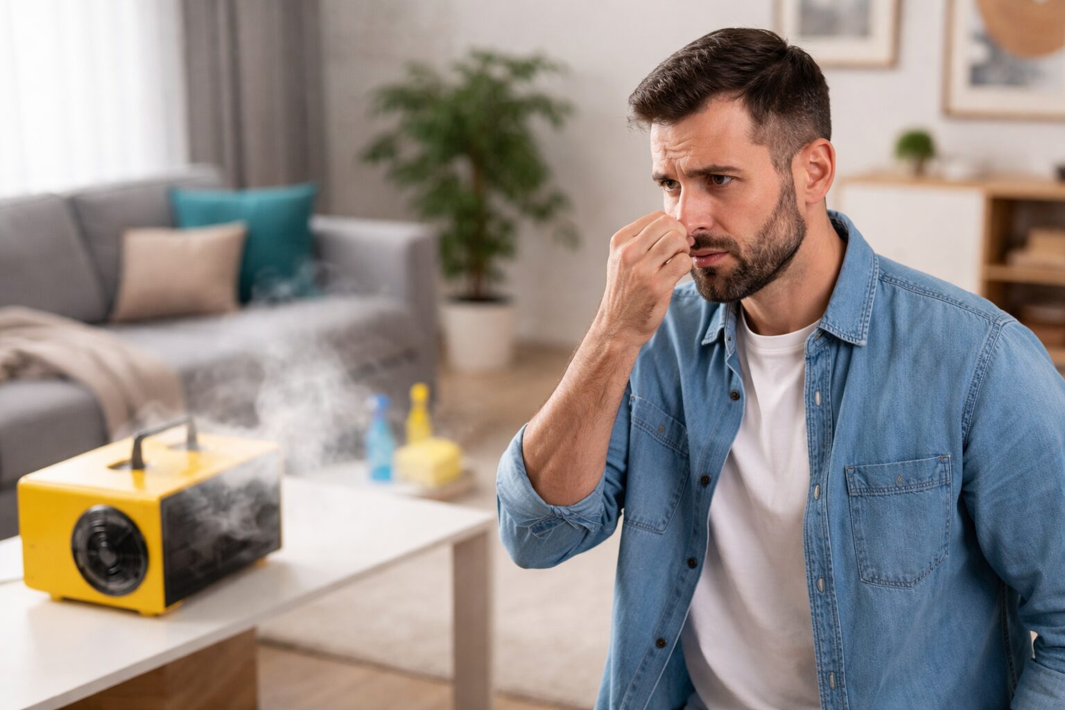 Homme se pinçant le nez dans un salon après une désodorisation, avec un générateur d’ozone sur une table et des produits de nettoyage en arrière-plan.