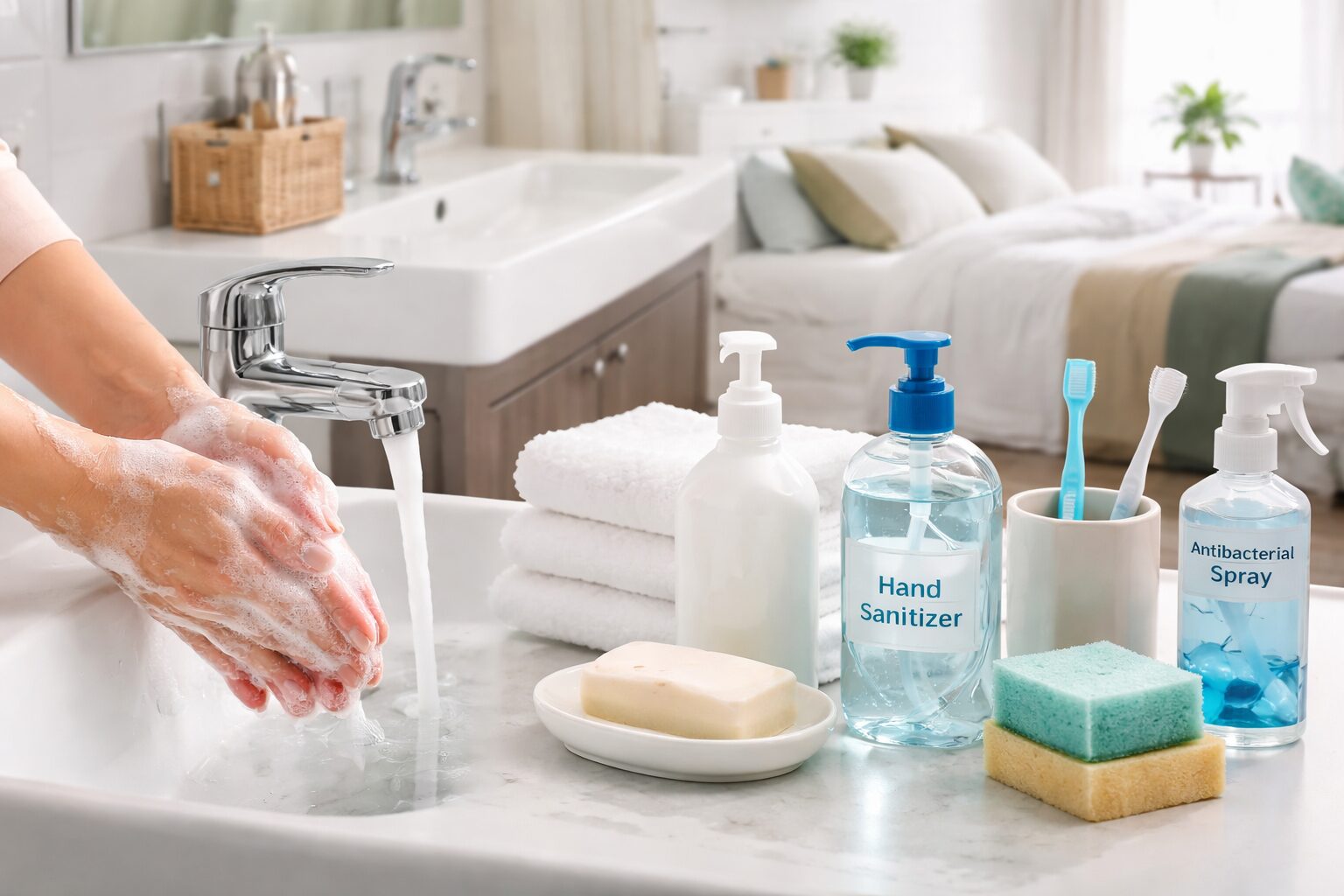 Une personne se lave les mains avec du savon dans une salle de bain lumineuse, avec des produits d'hygiène tels que du gel hydroalcoolique, du savon et des éponges visibles sur le comptoir.