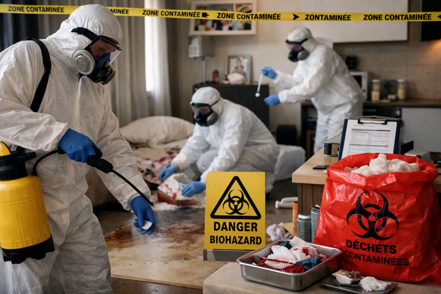 Techniciens en combinaison de protection réalisant une désinfection post mortem dans un appartement avec signalisation zone contaminée et déchets biologiques sécurisés